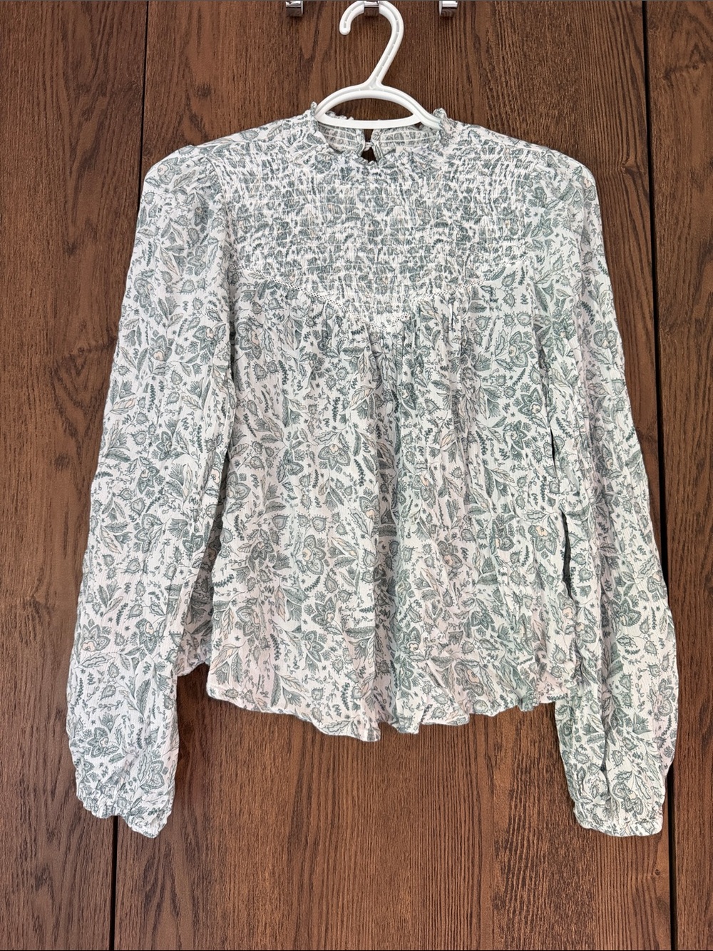 Gentle Fawn White and Sage Floral Smocked Long-Sleeve Blouse